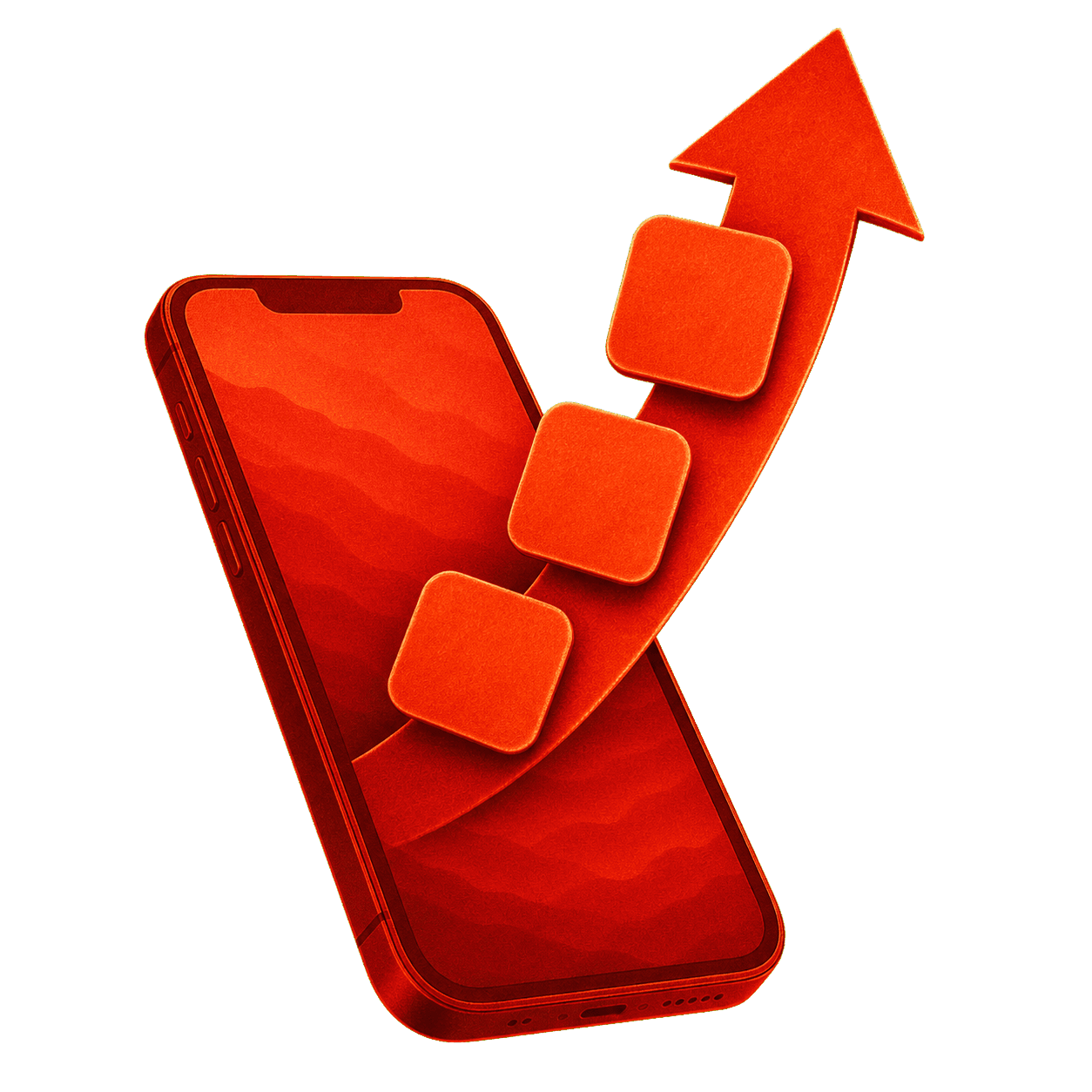A 3D phone with a rising arrow representing app momentum